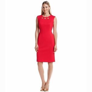 New! CALVIN KLEIN Women's Grommet Accent Ponte Knit Red Sheath Dress